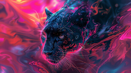 A stylized, abstract depiction of a black panther's essence, using vibrant colors and patterns