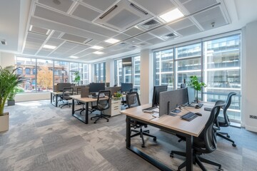 Modern bright office space fully set-up with desks and workstations for productive work environment