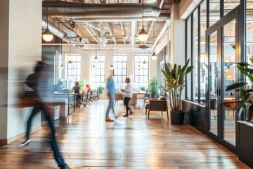 Dynamic modern office with people in motion, blurred figures in contemporary workspace