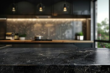 Empty dark marble table on kitchen island for product display and digital ai art