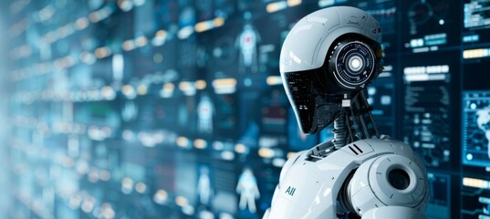 Fototapeta premium Modern intelligence robot with bokeh technology background. Generative AI technology. 