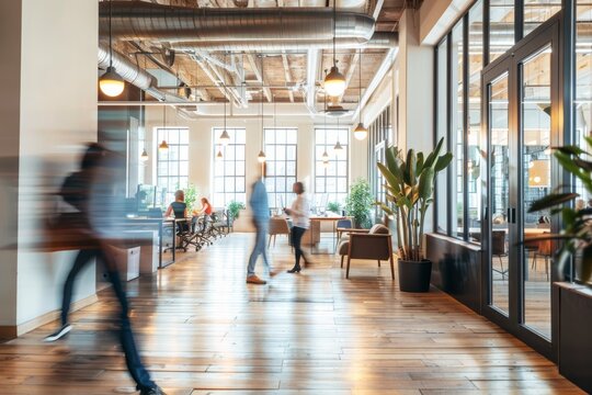 Dynamic modern office with people in motion, blurred figures in contemporary workspace