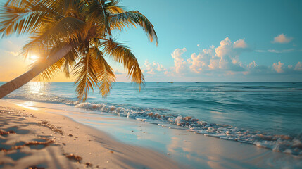 Palm tree on tropical beach with blue sky and white clouds abstract background. Generative ai