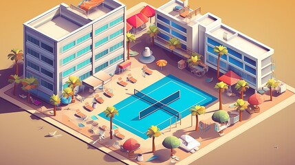 Isometric 3D Cityscape with a Vibrant Volleyball Court in the Recreational Area.
