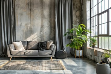 Modern industrial loft living room interior with concrete wall and large windows
