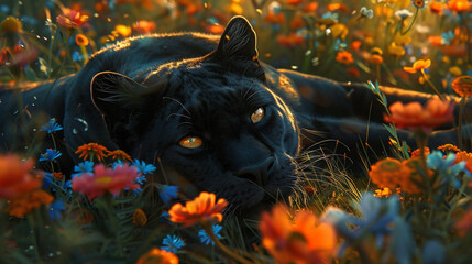 A black panther lying down in a field of vibrant, blooming wildflowers - Powered by Adobe
