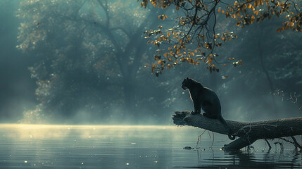 A black panther perched on a branch, overlooking a serene, misty lake - Powered by Adobe