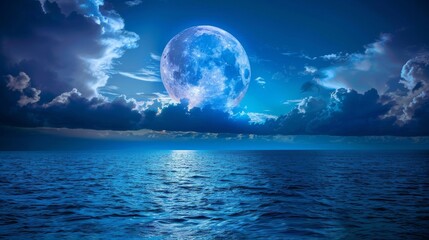 Full moon rising over peaceful sea, night sky with big blue moon illuminating clouds and ocean