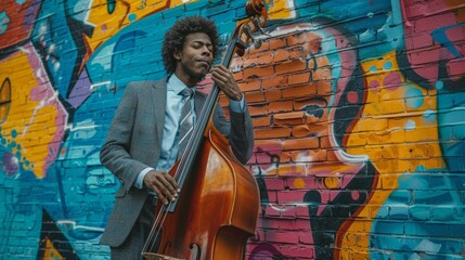 Stylish high school jazz band member plays the double bass with a colorful graffiti backdrop
