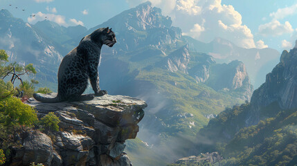 A black panther sitting on a rock, overlooking a breathtaking mountain landscape