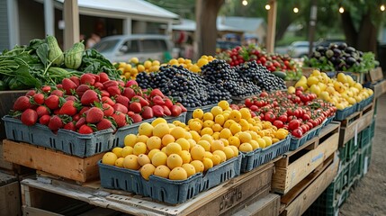 Early morning farmers' market bursting with fresh fruits and vegetables, a hive of activity and color