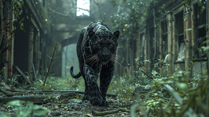 A black panther walking through a haunting, abandoned, and overgrown city