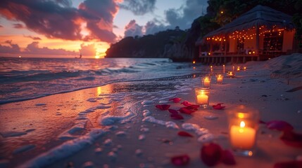 Intimate candlelit dinner setup on a beach, romantic ambiance with soft lighting and gentle waves