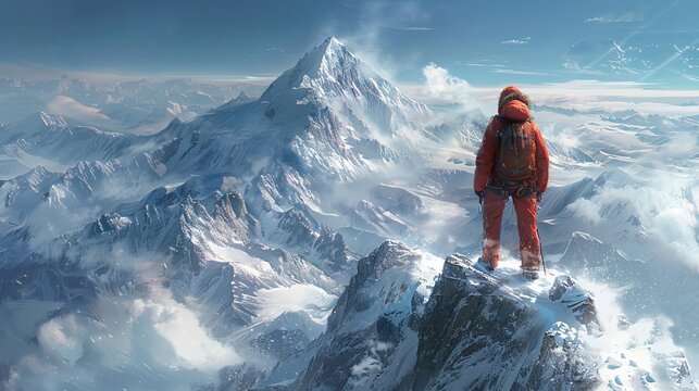 High-altitude mountaineering expedition, climbers ascending a snowy peak, capturing the harsh beauty and thrill