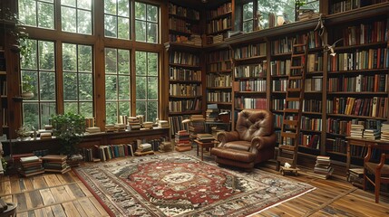 Sophisticated home library, walls of books in a warm, well-lit room, inviting nook with a leather armchair