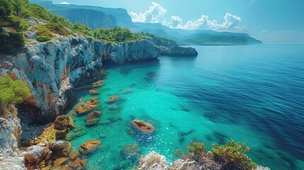 Naklejka premium Sun-drenched coastal landscape, cliffs overlooking a turquoise sea, perfect for travel and leisure themes