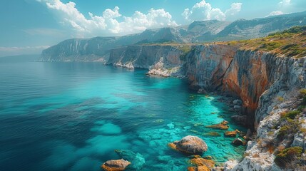 Coastal Splendor: Sun-Drenched Landscape with Cliffs Overlooking Turquoise Sea, Perfect for Travel and Leisure Escapes