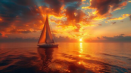 Sunset sailing adventure with a couple steering a sailboat on a tranquil sea, picturesque and romantic