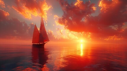 Sailing into Sunset: Romantic Adventure as Couple Steers Sailboat on Tranquil Sea, Painting a Picturesque and Romantic Scene