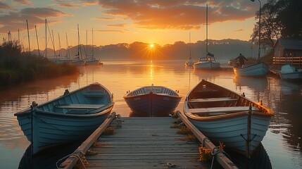Tranquil morning at a seaside marina, boats gently bobbing in the calm water, early risers walking along the docks