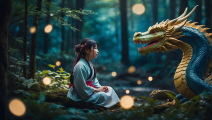 Enchanted Encounter, A Japanese Girl and Dragon Share a Serene Moment in the Forest, Captured in a Painting Illustration Style