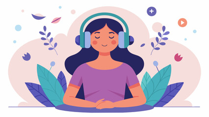 A woman wearing a headset energetically hosting a podcast episode all about the benefits of meditation and mindfulness for overall physical and mental. Vector illustration