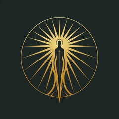 Golden silhouette of a holy figure in front of rays with a cross, religious symbol
