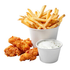 Chicken fingers with french fries and sour cream dip, transparent or isolated on a white background