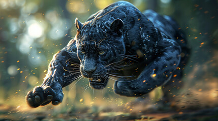 A black panther's sleek, muscular form in motion,