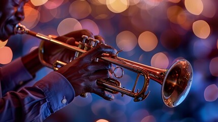 Closeup of a jazz musician playing the trumpet with vibrant bokeh lights