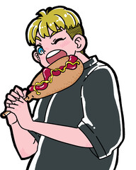 アメリカンドッグを食べる男の子