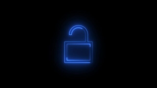 Neon glowing blue color unlock icon on black background animation