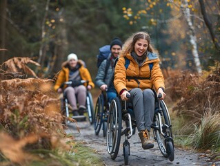 Diverse young adults using wheelchairs navigating an accessible forest hiking trail promoting inclusion and accessibility in recreational activities