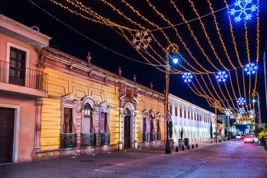 Downtown Aguascalientes, Mexico with Christmas decorations at night