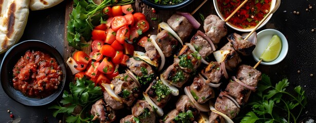 Delicious kebab on chopping board with meat and vegetable. Mouthwatering Kebab Platter. 
Tasty...