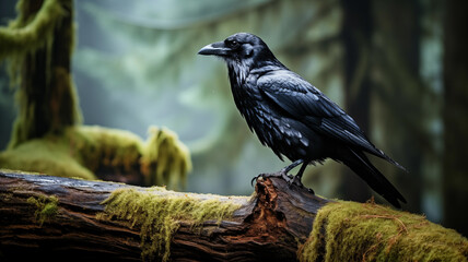 Fototapeta premium A mysterious raven in a foggy forest, ideal for Halloween or mystical themed marketing campaigns
