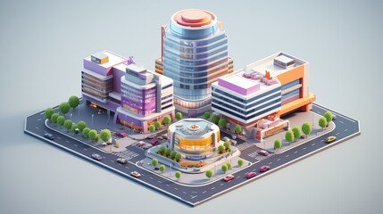 Isometric 3D Cityscape with a Sprawling Shopping Mall Complex as the Central Hub.