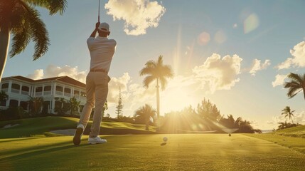 Man plays golf during a scenic sunset at a luxurious golf resort with palm trees