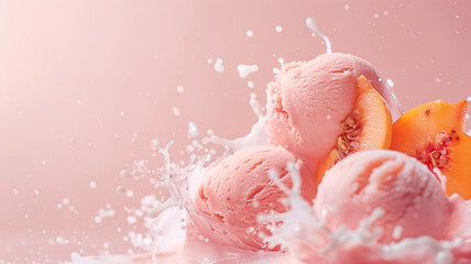 Lychee and persimmon pieces dramatically splashing into rose-flavored gelato, against a soft pink background with text space