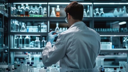 A unrecognizable man wearing a lab coat and conducting a scientific experiment in a laboratory illustrating research and innovation,
