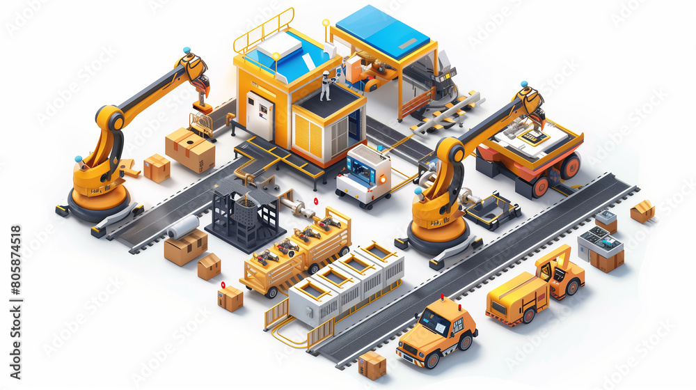 Poster smart factories and robotic automation optimizing production processes and supply chain management.