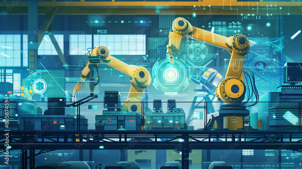 Poster smart factories and robotic automation optimizing production processes and supply chain management.