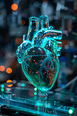 Biofabricated heart connected to biotech machinery, blue and green lights, side angle shot