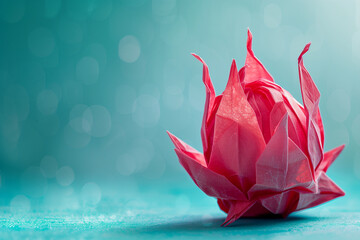 Volumetric paper origami style dragonfruit on turquoise background. Background for summer...