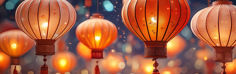 leuchtende asiatische Lampignons in rot orange gelb magisch schwebend vor einem blauen unscharfen...