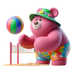 Pink teddy bear in beach hat and shorts plays beach volleyball isolated on PNG background. Generative AI.