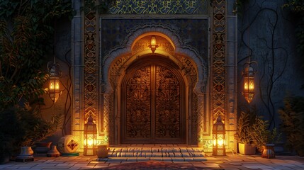 Arabian nights entrance with lanterns and a mosaic archway