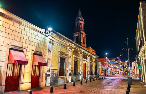 Downtown Aguascalientes, Mexico with Christmas decorations at night