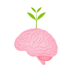 Human Brain with Plant. Self Improvement or Growth Mindset  Concept. Vector Illustration. 