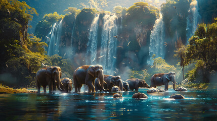 a herd of elephants cooling off in a refreshing river, with a vibrant waterfall in the background - Powered by Adobe